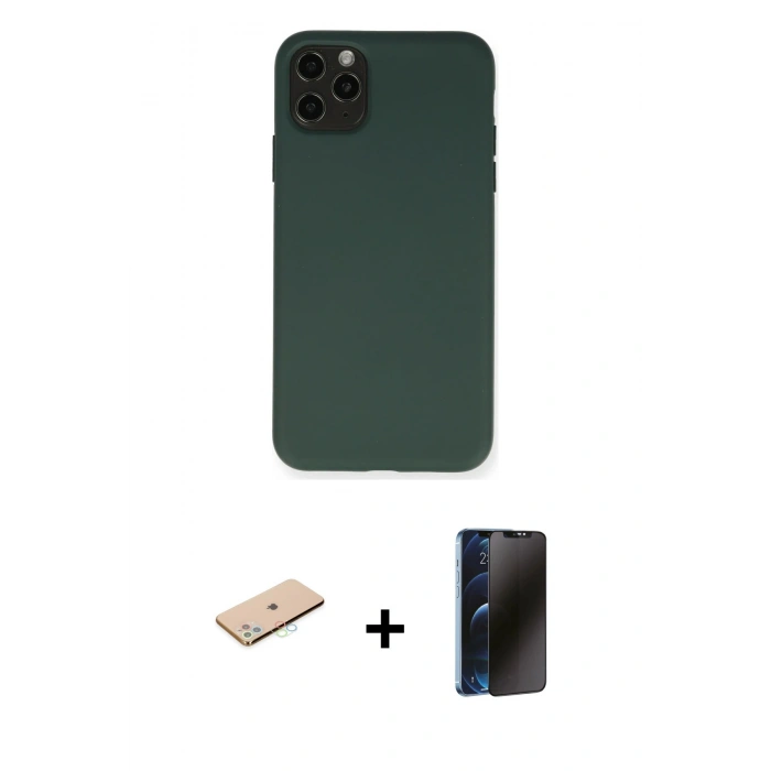 MARSİLYAN™- iPhone 11 Pro Max Kılıf Ahenk Serisi - Siyah 3D Antistatik Hayalet Cam Ekran Koruyucu + Renkli Kamera Lens Koruma Cam - MI