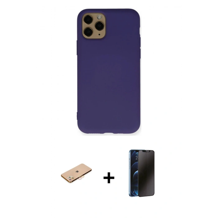 MARSİLYAN™- iPhone 11 Pro Max Kılıf Ahenk Serisi - Siyah 3D Antistatik Hayalet Cam Ekran Koruyucu + Renkli Kamera Lens Koruma Cam - TU