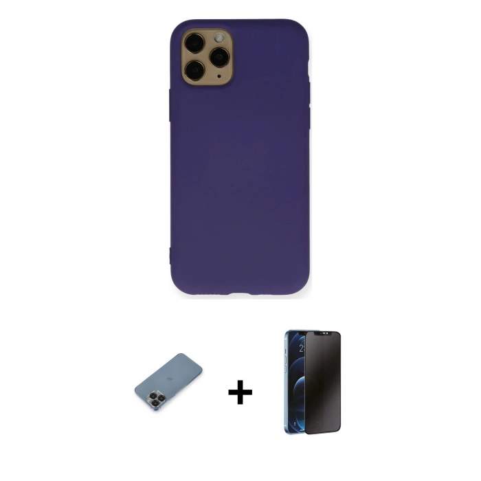MARSİLYAN™- iPhone 11 Pro Max Kılıf Ahenk Serisi - Siyah 3D Antistatik Hayalet Cam Ekran Koruyucu + Metal Kamera Lens Koruma Cam - SH