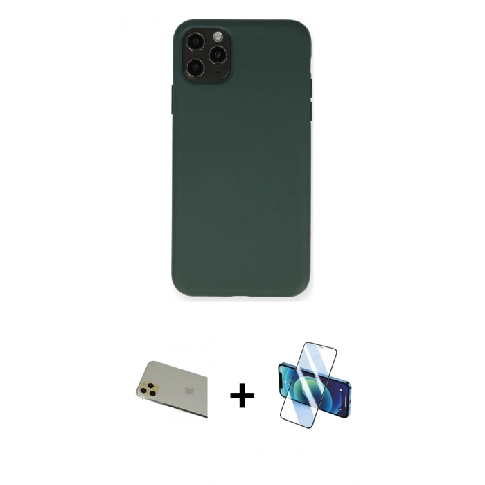 MARSİLYAN™- iPhone 11 Pro Max Kılıf Ahenk Serisi - Siyah 3D Antistatik Seramik Nano Ekran Koruyucu + Rainbow Kamera Lens Koruma Cam - GD