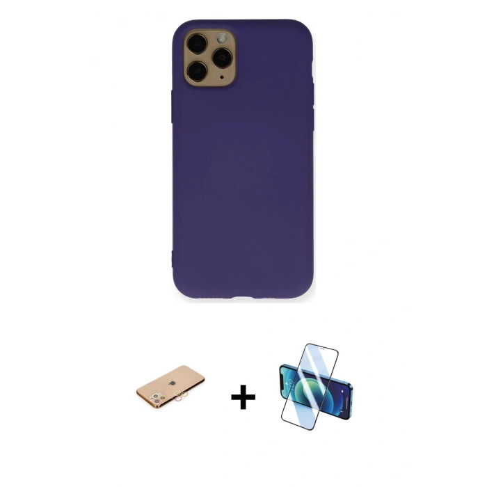 MARSİLYAN™- iPhone 11 Pro Max Kılıf Ahenk Serisi - Siyah 3D Antistatik Seramik Nano Ekran Koruyucu + Renkli Kamera Lens Koruma Cam - TU