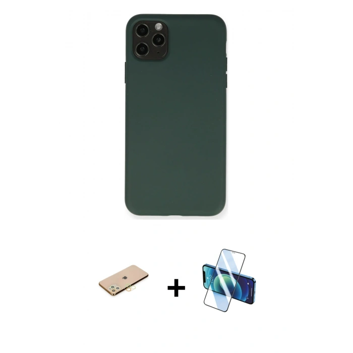 MARSİLYAN™- iPhone 11 Pro Max Kılıf Ahenk Serisi - Siyah 3D Antistatik Seramik Nano Ekran Koruyucu + Renkli Kamera Lens Koruma Cam - SI