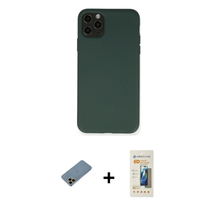 MARSİLYAN™- iPhone 11 Pro Max Kılıf Ahenk Serisi - Siyah 6D Mat Seramik Hayalet Nano Ekran Koruyucu + Gold Shine Kamera Lens Koruma Cam