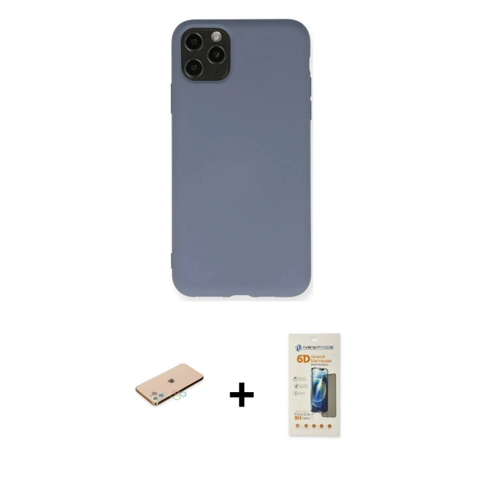 MARSİLYAN™- iPhone 11 Pro Max Kılıf Ahenk Serisi - Siyah 6D Mat Seramik Hayalet Nano Ekran Koruyucu + Renkli Kamera Lens Koruma Cam - MI