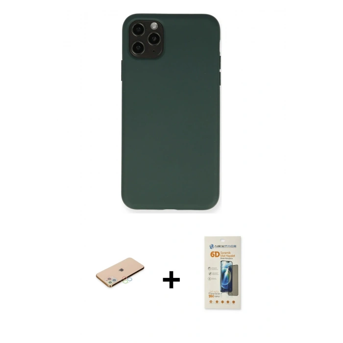 MARSİLYAN™- iPhone 11 Pro Max Kılıf Ahenk Serisi - Siyah 6D Mat Seramik Hayalet Nano Ekran Koruyucu + Renkli Kamera Lens Koruma Cam - MI