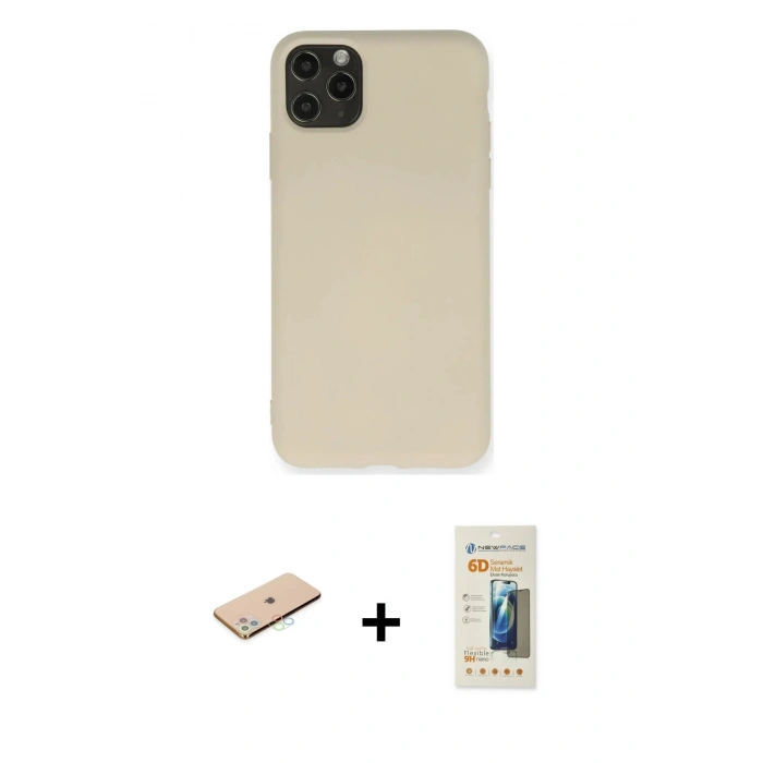 MARSİLYAN™- iPhone 11 Pro Max Kılıf Ahenk Serisi - Siyah 6D Mat Seramik Hayalet Nano Ekran Koruyucu + Renkli Kamera Lens Koruma Cam - MI