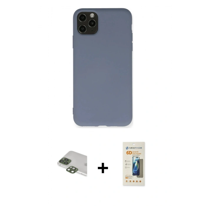 MARSİLYAN™- iPhone 11 Pro Max Kılıf Ahenk Serisi - Siyah 6D Mat Seramik Hayalet Nano Ekran Koruyucu + Pers Alüminyum Kamera Lens - YL