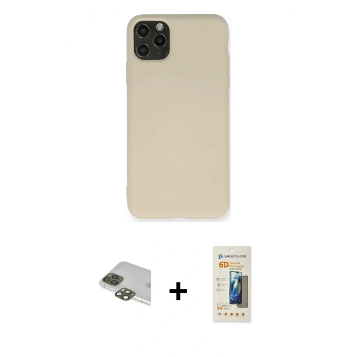 MARSİLYAN™- iPhone 11 Pro Max Kılıf Ahenk Serisi - Siyah 6D Mat Seramik Hayalet Nano Ekran Koruyucu + Pers Alüminyum Kamera Lens - YL