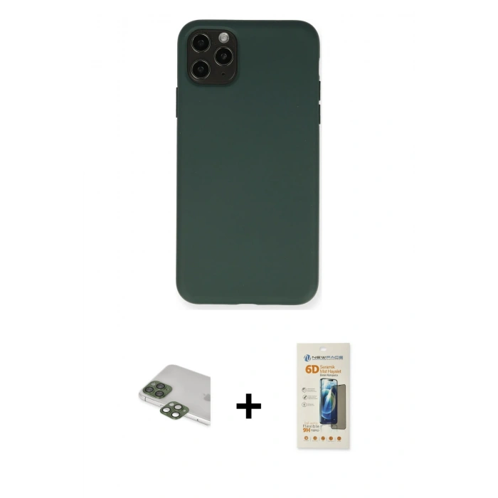 MARSİLYAN™- iPhone 11 Pro Max Kılıf Ahenk Serisi - Siyah 6D Mat Seramik Hayalet Nano Ekran Koruyucu + Pers Alüminyum Kamera Lens - YL