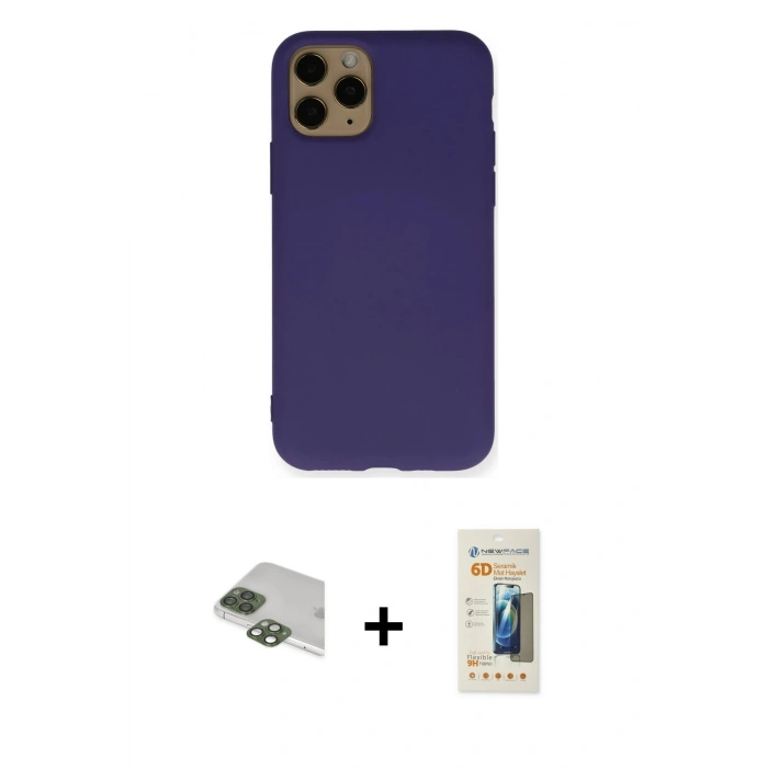 MARSİLYAN™- iPhone 11 Pro Max Kılıf Ahenk Serisi - Siyah 6D Mat Seramik Hayalet Nano Ekran Koruyucu + Pers Alüminyum Kamera Lens - YL