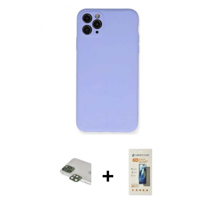 MARSİLYAN™- iPhone 11 Pro Max Kılıf Ahenk Serisi - Siyah 6D Mat Seramik Hayalet Nano Ekran Koruyucu + Pers Alüminyum Kamera Lens - YL