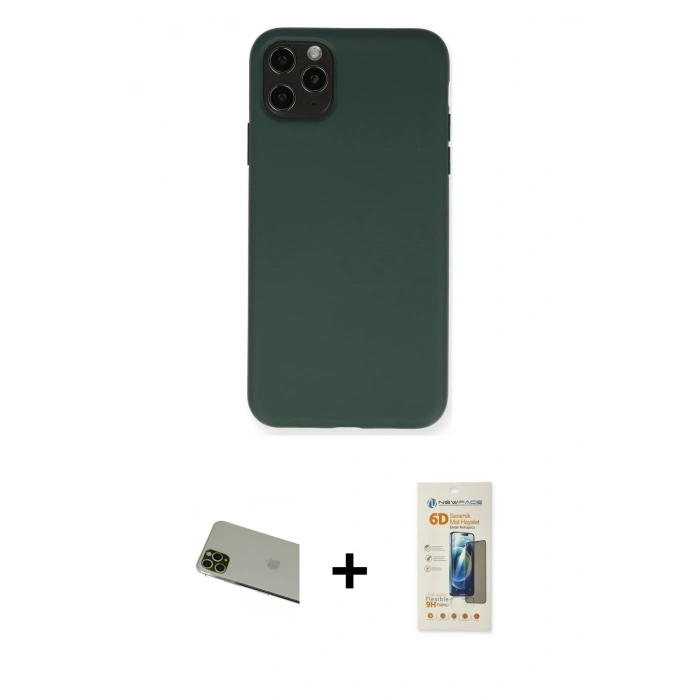MARSİLYAN™- iPhone 11 Pro Max Kılıf Ahenk Serisi - Siyah 6D Mat Seramik Hayalet Nano Ekran Koruyucu + Rainbow Kamera Lens Koruma Cam - YL