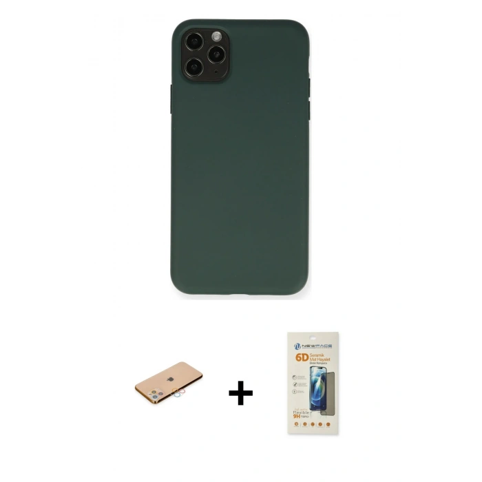 MARSİLYAN™- iPhone 11 Pro Max Kılıf Ahenk Serisi - Siyah 6D Mat Seramik Hayalet Nano Ekran Koruyucu + Renkli Kamera Lens Koruma Cam - PE