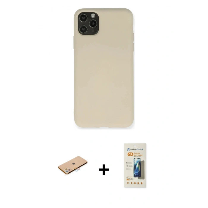 MARSİLYAN™- iPhone 11 Pro Max Kılıf Ahenk Serisi - Siyah 6D Mat Seramik Hayalet Nano Ekran Koruyucu + Renkli Kamera Lens Koruma Cam - PE