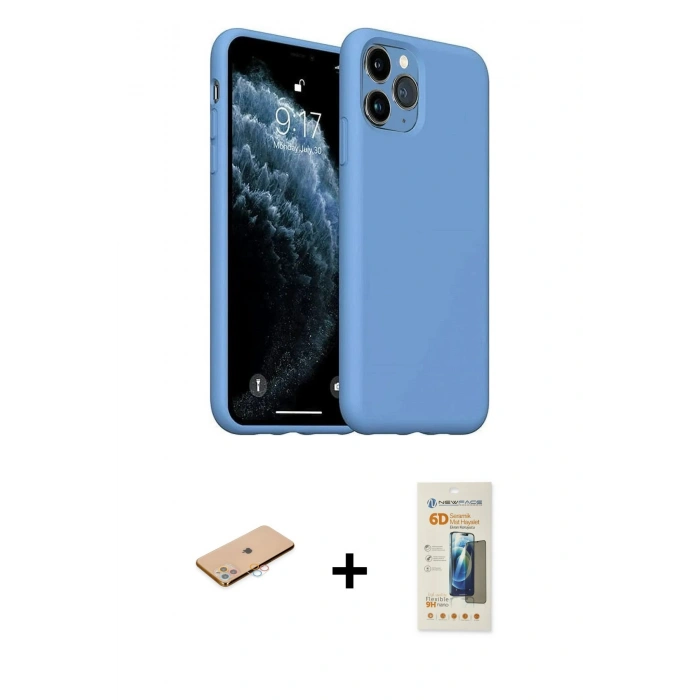 MARSİLYAN™- iPhone 11 Pro Max Kılıf Ahenk Serisi - Siyah 6D Mat Seramik Hayalet Nano Ekran Koruyucu + Renkli Kamera Lens Koruma Cam - PE