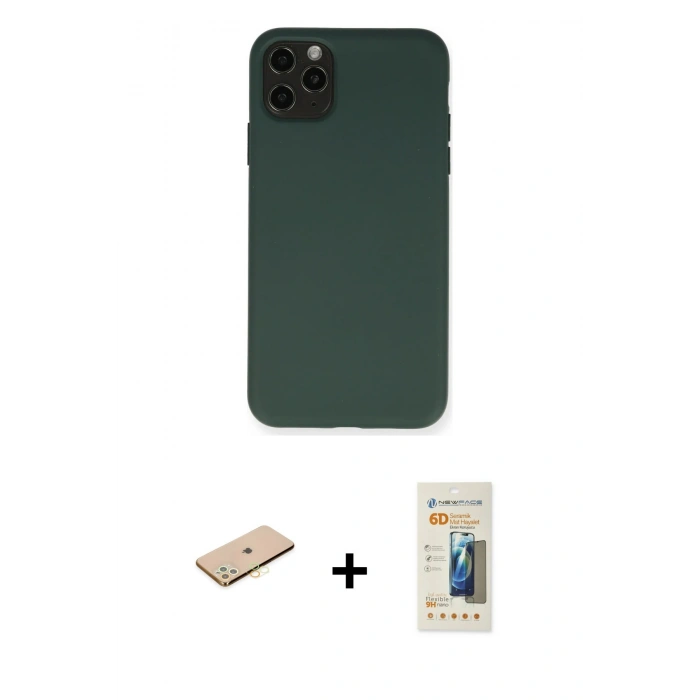 MARSİLYAN™- iPhone 11 Pro Max Kılıf Ahenk Serisi - Siyah 6D Mat Seramik Hayalet Nano Ekran Koruyucu + Renkli Kamera Lens Koruma Cam - SI