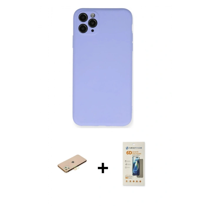 MARSİLYAN™- iPhone 11 Pro Max Kılıf Ahenk Serisi - Siyah 6D Mat Seramik Hayalet Nano Ekran Koruyucu + Renkli Kamera Lens Koruma Cam - SI