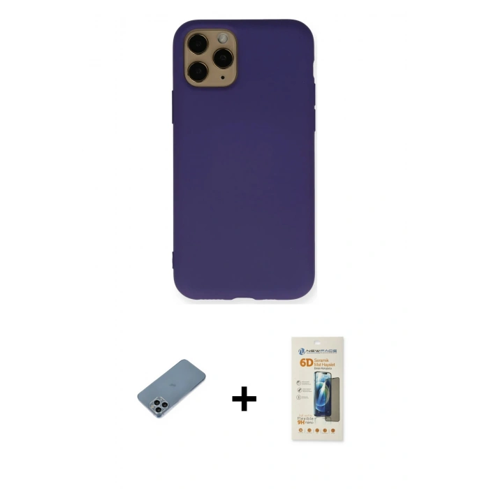 MARSİLYAN™- iPhone 11 Pro Max Kılıf Ahenk Serisi - Siyah 6D Mat Seramik Hayalet Nano Ekran Koruyucu + Sierra Blue Shine Kamera Lens Koruma Cam