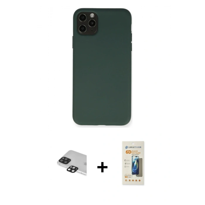 MARSİLYAN™- iPhone 11 Pro Max Kılıf Ahenk Serisi - Siyah 6D Mat Seramik Hayalet Nano Ekran Koruyucu + Pers Alüminyum Kamera Lens - SH