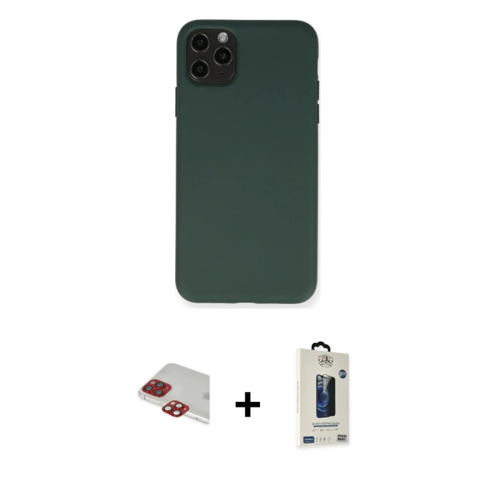 MARSİLYAN™- iPhone 11 Pro Max Kılıf Ahenk Serisi - Siyah Bilvis Hayalet Cam Ekran Koruyucu + Kırmızı Pers Alüminyum Kamera Lens