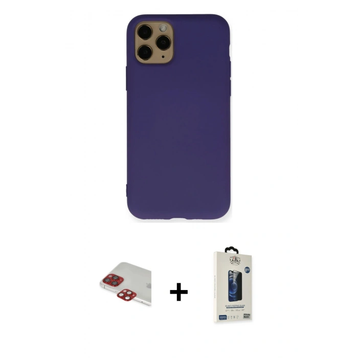 MARSİLYAN™- iPhone 11 Pro Max Kılıf Ahenk Serisi - Siyah Bilvis Hayalet Cam Ekran Koruyucu + Kırmızı Pers Alüminyum Kamera Lens
