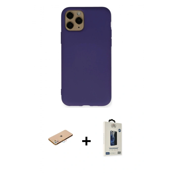 MARSİLYAN™- iPhone 11 Pro Max Kılıf Ahenk Serisi - Siyah Bilvis Hayalet Cam Ekran Koruyucu + Renkli Kamera Lens Koruma Cam - PE