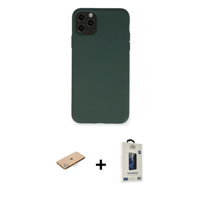 MARSİLYAN™- iPhone 11 Pro Max Kılıf Ahenk Serisi - Siyah Bilvis Hayalet Cam Ekran Koruyucu + Renkli Kamera Lens Koruma Cam - PE