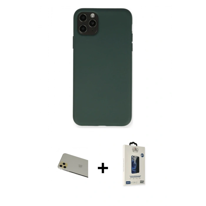 MARSİLYAN™- iPhone 11 Pro Max Kılıf Ahenk Serisi - Siyah Bilvis Hayalet Cam Ekran Koruyucu + Rainbow Kamera Lens Koruma Cam - GD
