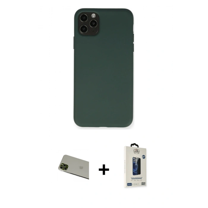 MARSİLYAN™- iPhone 11 Pro Max Kılıf Ahenk Serisi - Siyah Bilvis Hayalet Cam Ekran Koruyucu + Rainbow Kamera Lens Koruma Cam - YL
