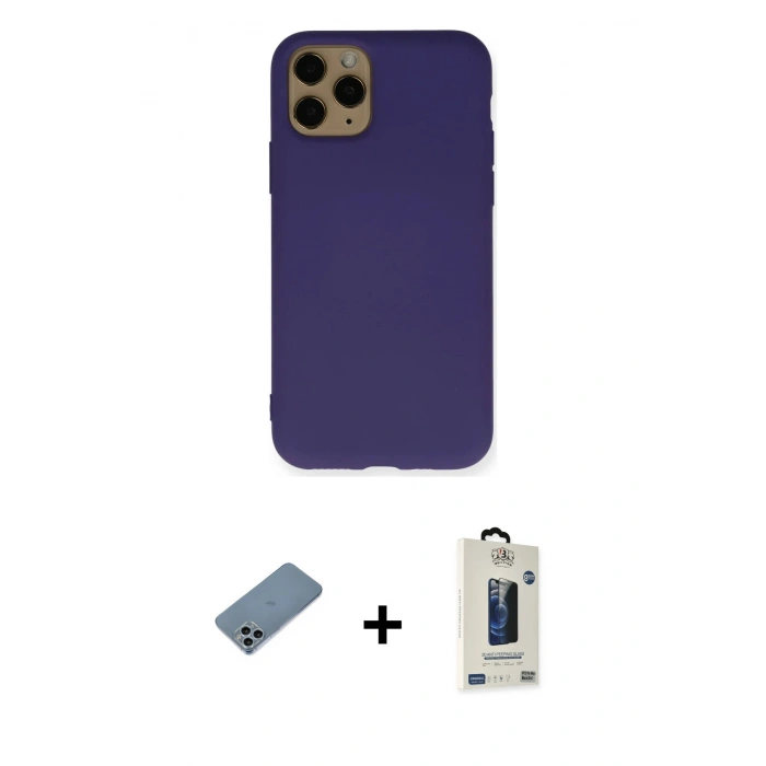 MARSİLYAN™- iPhone 11 Pro Max Kılıf Ahenk Serisi - Siyah Bilvis Hayalet Cam Ekran Koruyucu + Sierra Blue Shine Kamera Lens Koruma Cam