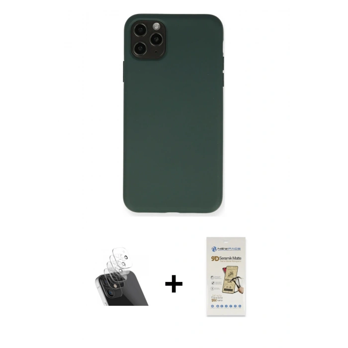 MARSİLYAN™- iPhone 11 Pro Max Kılıf Ahenk Serisi - Siyah Mat Seramik Nano Ekran Koruyucu + Kamera Lens Koruma Cam - SF