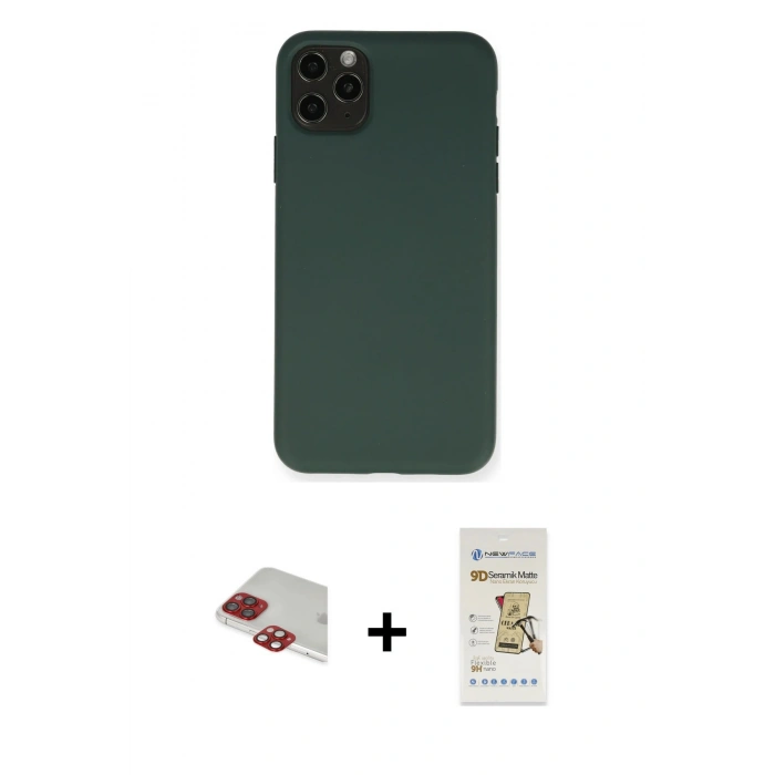 MARSİLYAN™- iPhone 11 Pro Max Kılıf Ahenk Serisi - Siyah Mat Seramik Nano Ekran Koruyucu + Pers Alüminyum Kamera Lens - KI