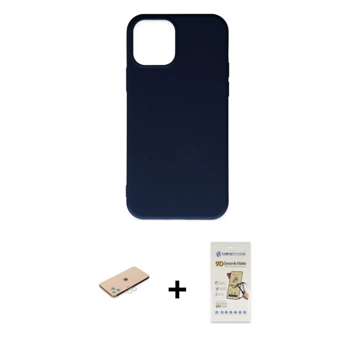 MARSİLYAN™- iPhone 11 Pro Max Kılıf Ahenk Serisi - Siyah Mat Seramik Nano Ekran Koruyucu + Mavi Renkli Kamera Lens Koruma Cam