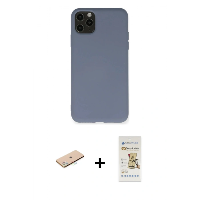 MARSİLYAN™- iPhone 11 Pro Max Kılıf Ahenk Serisi - Siyah Mat Seramik Nano Ekran Koruyucu + Mavi Renkli Kamera Lens Koruma Cam
