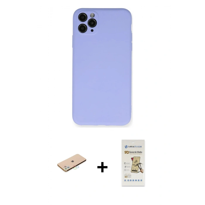 MARSİLYAN™- iPhone 11 Pro Max Kılıf Ahenk Serisi - Siyah Mat Seramik Nano Ekran Koruyucu + Mavi Renkli Kamera Lens Koruma Cam