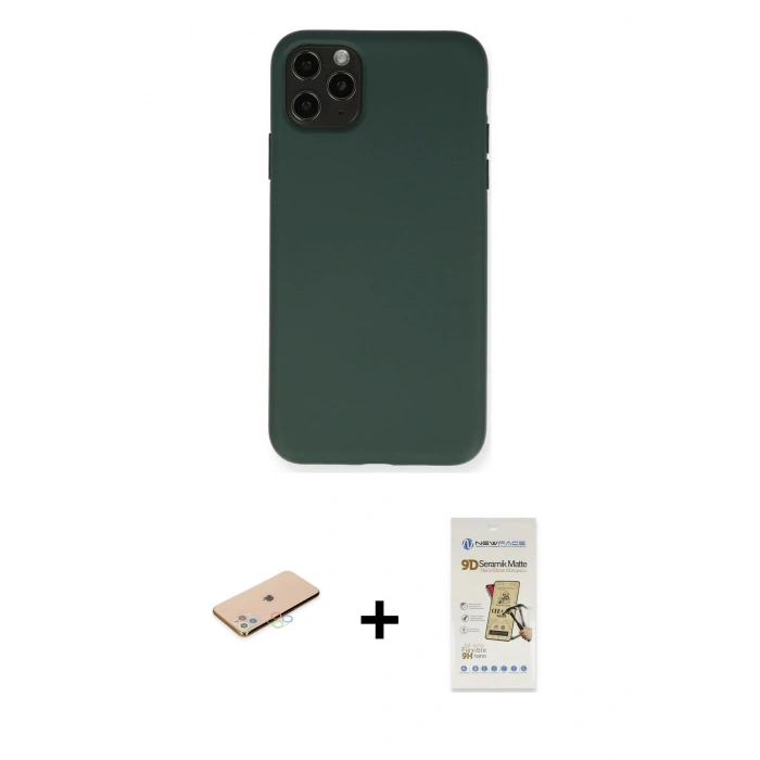MARSİLYAN™- iPhone 11 Pro Max Kılıf Ahenk Serisi - Siyah Mat Seramik Nano Ekran Koruyucu + Mavi Renkli Kamera Lens Koruma Cam