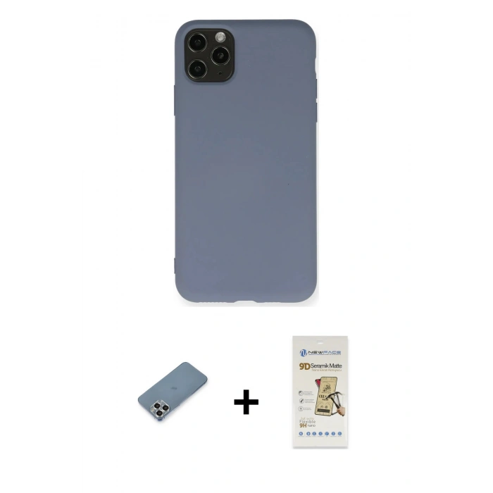 MARSİLYAN™- iPhone 11 Pro Max Kılıf Ahenk Serisi - Siyah Mat Seramik Nano Ekran Koruyucu + Metal Kamera Lens Koruma Cam - GS