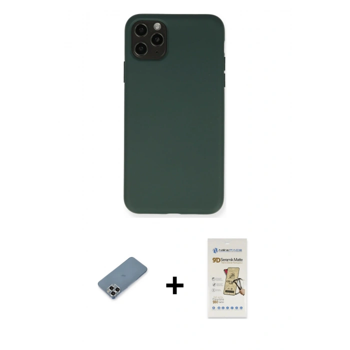 MARSİLYAN™- iPhone 11 Pro Max Kılıf Ahenk Serisi - Siyah Mat Seramik Nano Ekran Koruyucu + Metal Kamera Lens Koruma Cam - GS
