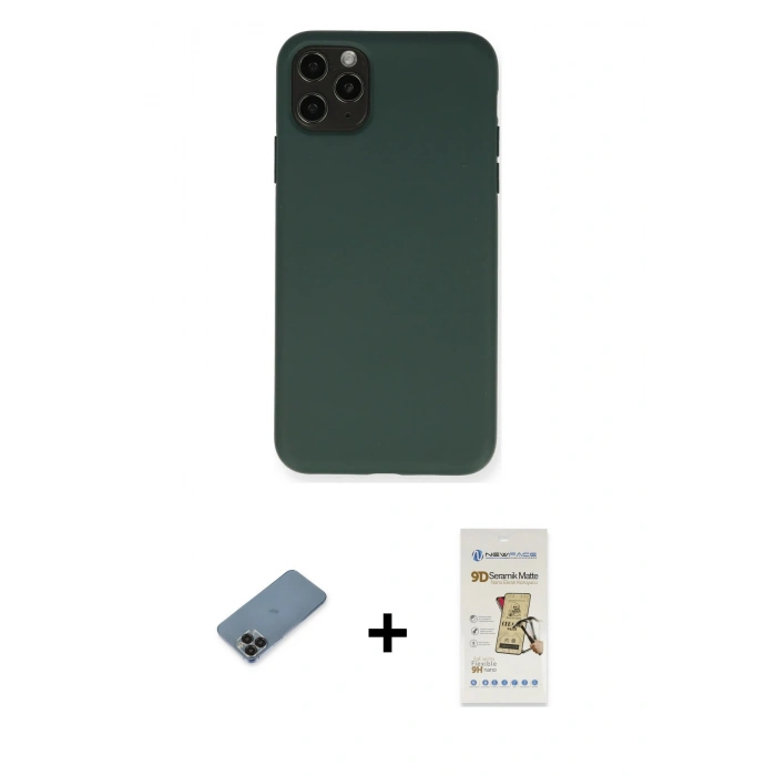 MARSİLYAN™- iPhone 11 Pro Max Kılıf Ahenk Serisi - Siyah Mat Seramik Nano Ekran Koruyucu + Metal Kamera Lens Koruma Cam - SH