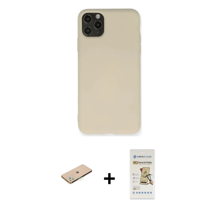 MARSİLYAN™- iPhone 11 Pro Max Kılıf Ahenk Serisi - Siyah Mat Seramik Nano Ekran Koruyucu + Renkli Kamera Lens Koruma Cam - YL