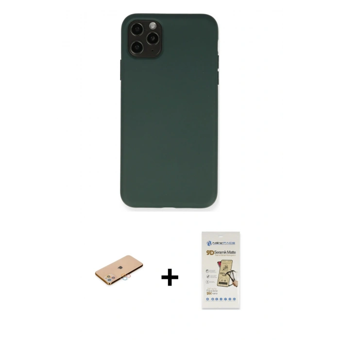 MARSİLYAN™- iPhone 11 Pro Max Kılıf Ahenk Serisi - Siyah Mat Seramik Nano Ekran Koruyucu + Renkli Kamera Lens Koruma Cam - PE