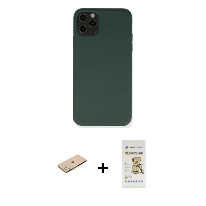MARSİLYAN™- iPhone 11 Pro Max Kılıf Ahenk Serisi - Siyah Mat Seramik Nano Ekran Koruyucu + Renkli Kamera Lens Koruma Cam - YL