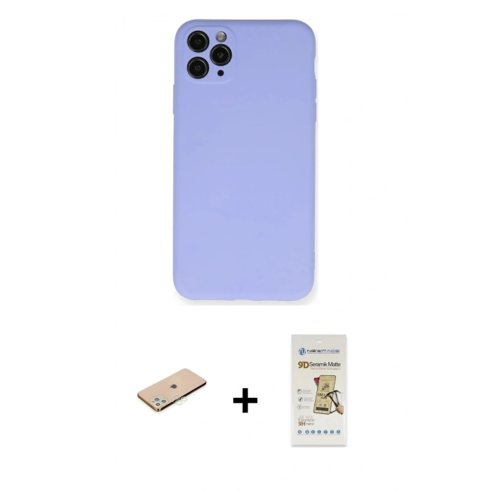 MARSİLYAN™- iPhone 11 Pro Max Kılıf Ahenk Serisi - Siyah Mat Seramik Nano Ekran Koruyucu + Renkli Kamera Lens Koruma Cam - YL