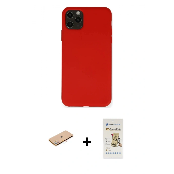 MARSİLYAN™- iPhone 11 Pro Max Kılıf Ahenk Serisi - Siyah Mat Seramik Nano Ekran Koruyucu + Renkli Kamera Lens Koruma Cam - PE