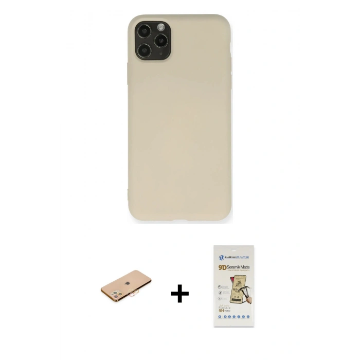 MARSİLYAN™- iPhone 11 Pro Max Kılıf Ahenk Serisi - Siyah Mat Seramik Nano Ekran Koruyucu + Turuncu Renkli Kamera Lens Koruma Cam