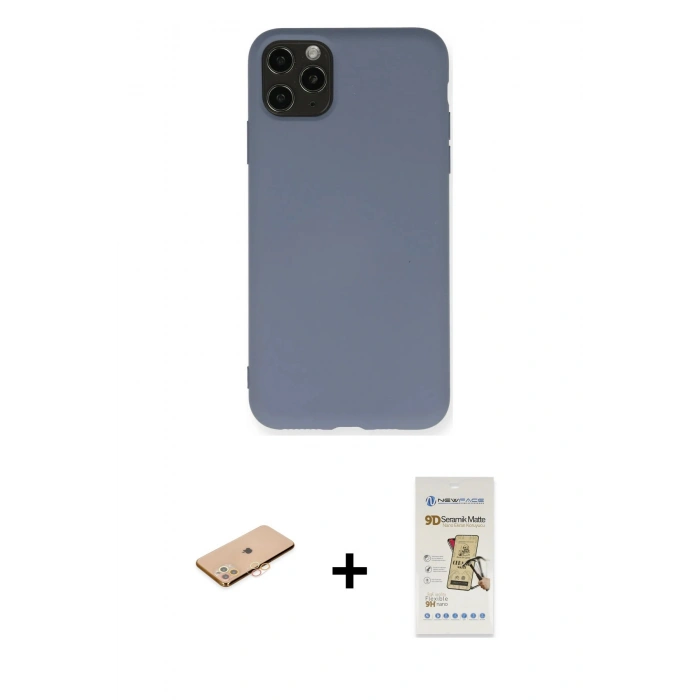 MARSİLYAN™- iPhone 11 Pro Max Kılıf Ahenk Serisi - Siyah Mat Seramik Nano Ekran Koruyucu + Turuncu Renkli Kamera Lens Koruma Cam
