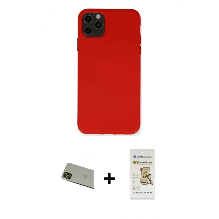 MARSİLYAN™- iPhone 11 Pro Max Kılıf Ahenk Serisi - Siyah Mat Seramik Nano Ekran Koruyucu + Rainbow Kamera Lens Koruma Cam - YL