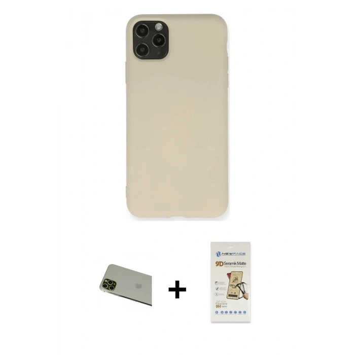 MARSİLYAN™- iPhone 11 Pro Max Kılıf Ahenk Serisi - Siyah Mat Seramik Nano Ekran Koruyucu + Rainbow Kamera Lens Koruma Cam - YL