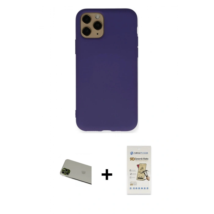 MARSİLYAN™- iPhone 11 Pro Max Kılıf Ahenk Serisi - Siyah Mat Seramik Nano Ekran Koruyucu + Rainbow Kamera Lens Koruma Cam - YL