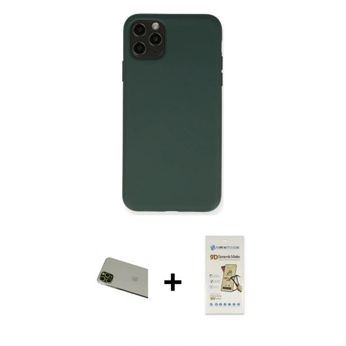 MARSİLYAN™- iPhone 11 Pro Max Kılıf Ahenk Serisi - Siyah Mat Seramik Nano Ekran Koruyucu + Rainbow Kamera Lens Koruma Cam - YL